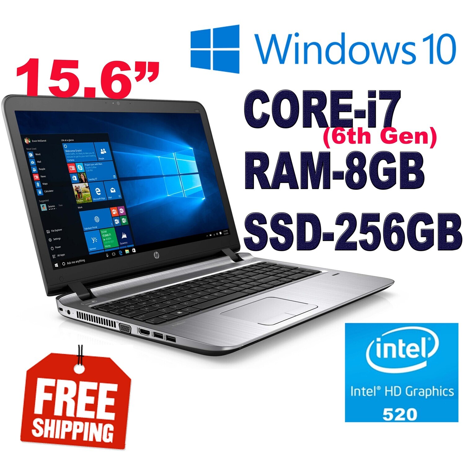 HP ProBook 450G3 i7 6500U 8GB 256GB SSD HD 520 Graphic-15.6" Laptop Win10 PRO