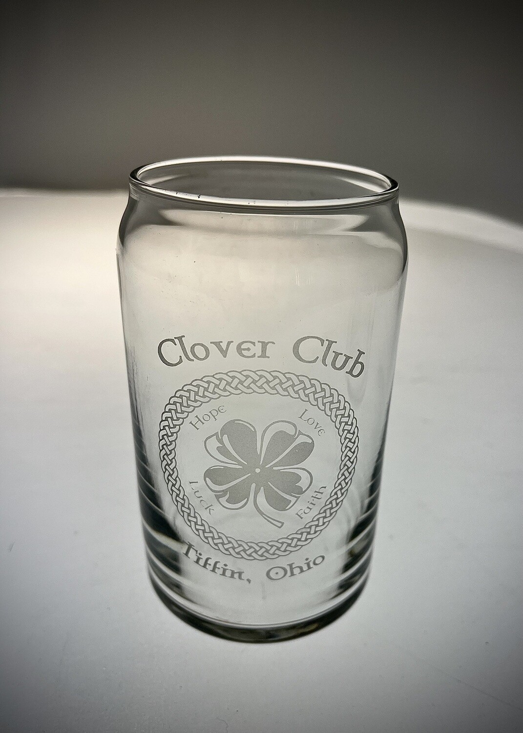 Clover Club Celtic border beer can glass.