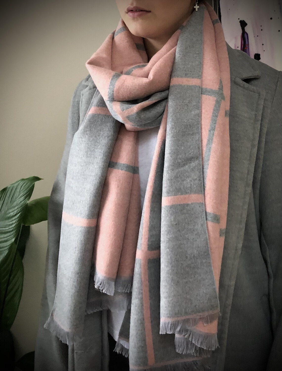 Checked Two Way Reversible Blanket Scarf Pink 
