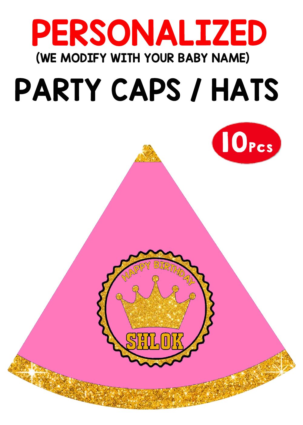 Royal Princess - Pink Party Caps / Hats (10 Pcs)