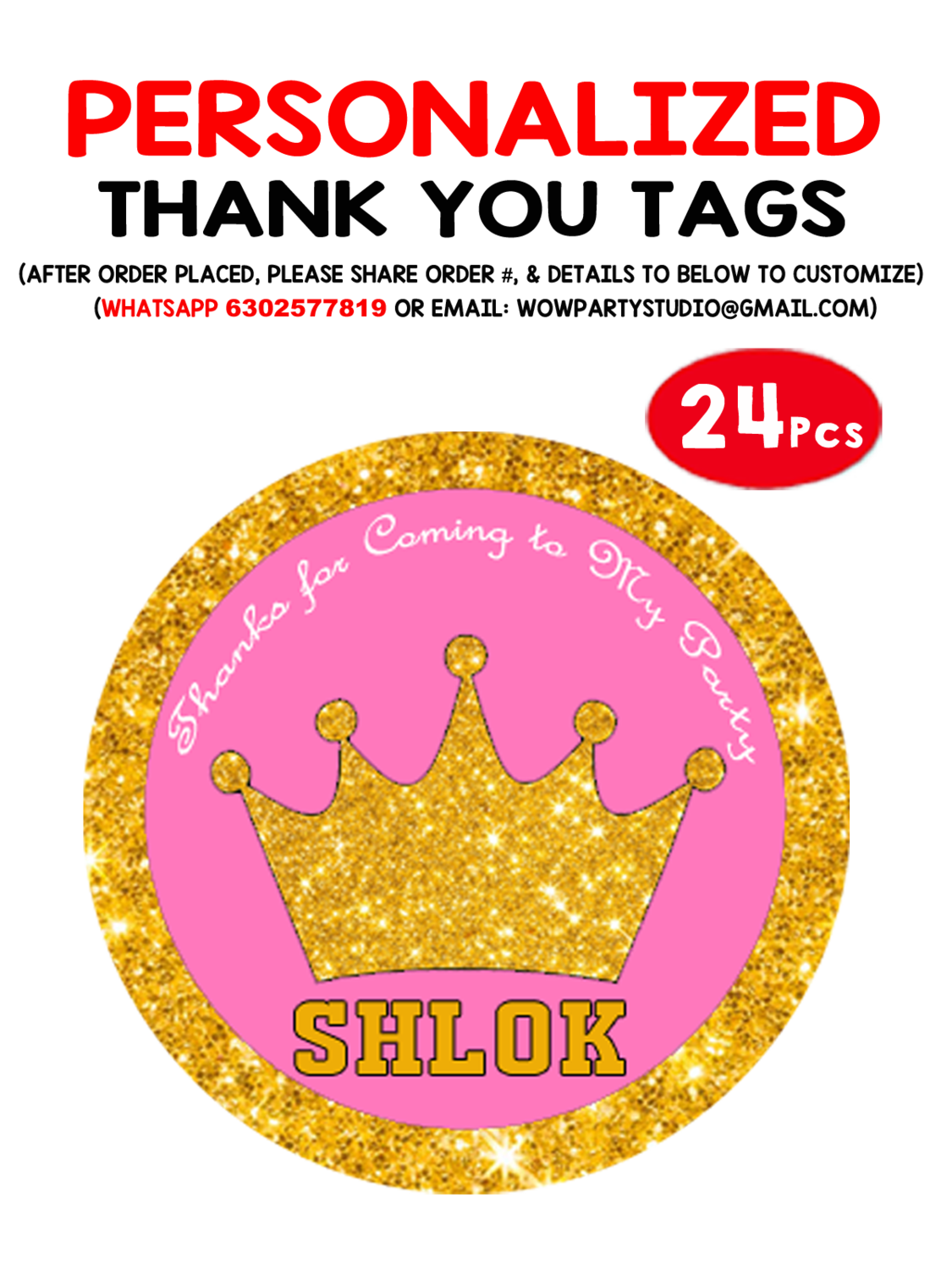 Royal Princess - Pink Thank you Tags (24 Pcs)
