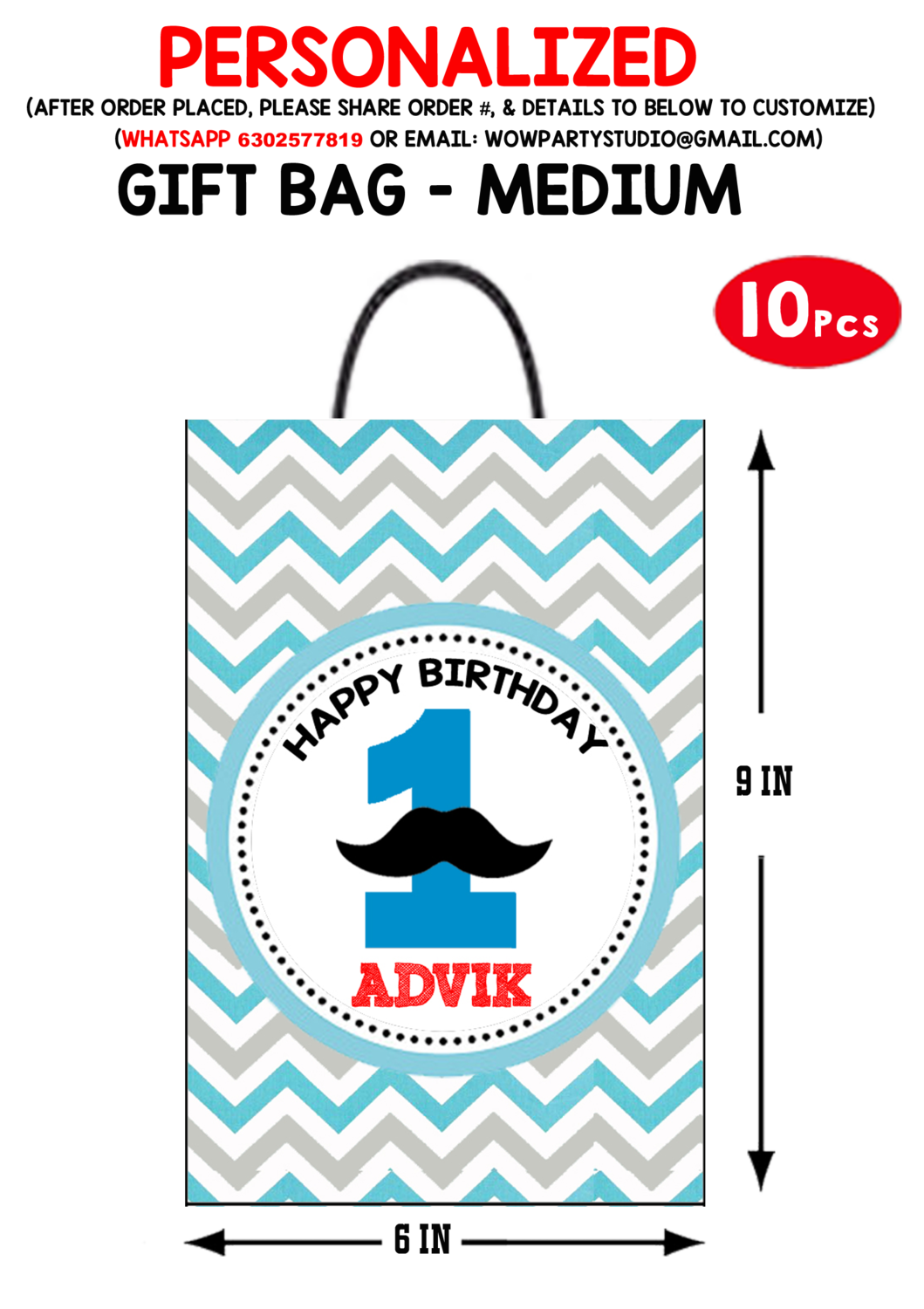 Little Man (Mustache) Theme Gift Bag - Medium (10 Pcs)