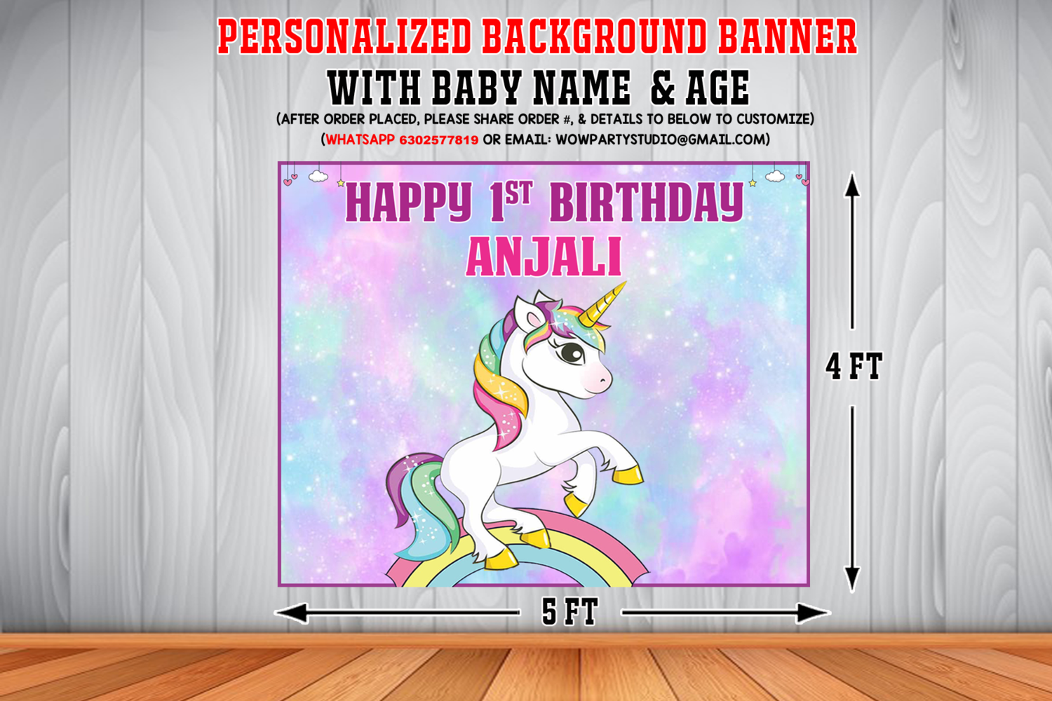 Personalized Unicorn Birthday Backdrop Banner (4x5ft)
