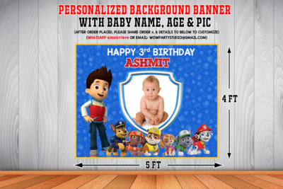 Paw Patrol Background Banner With Baby Picture (4ft x 5ft)
