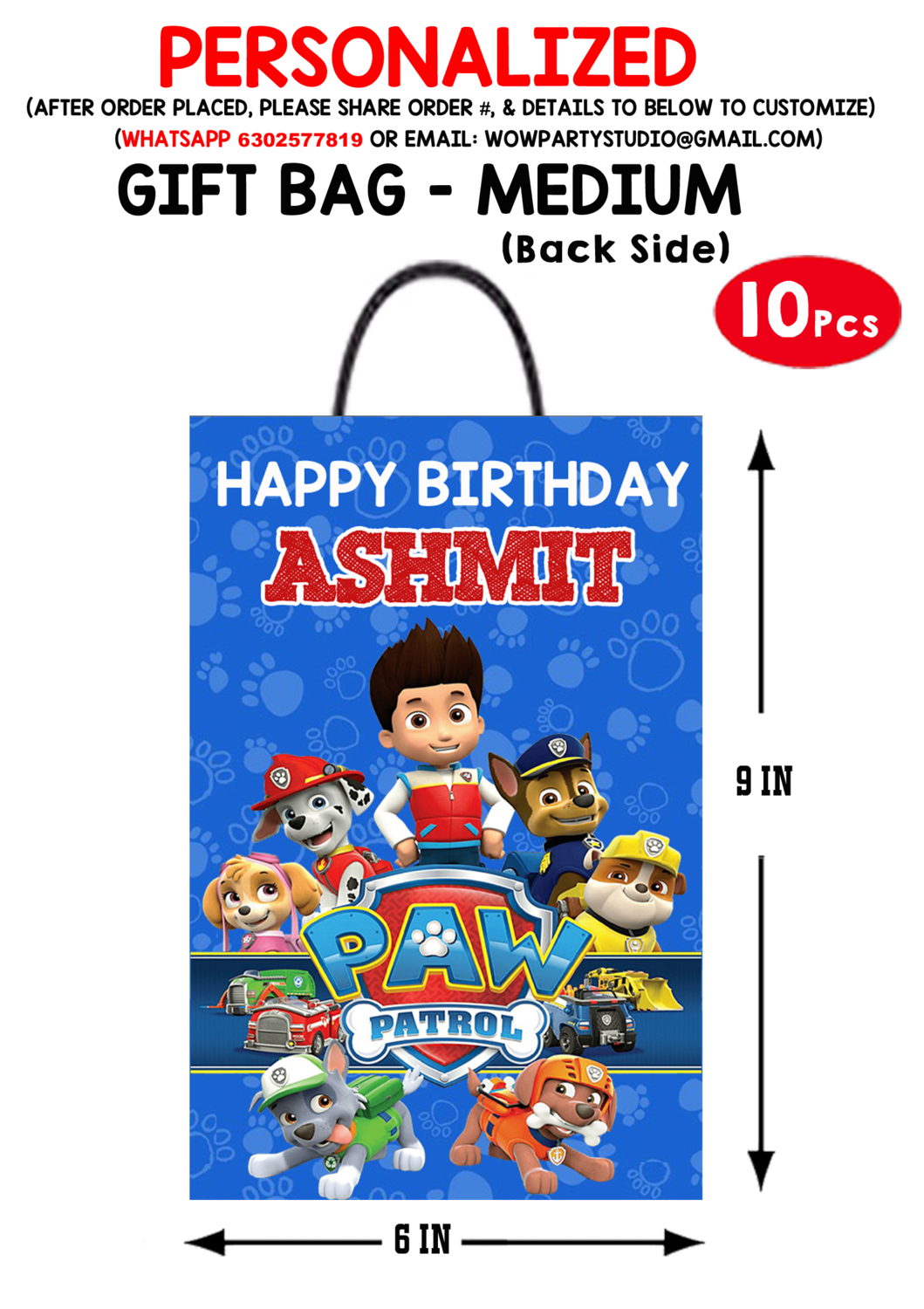 Paw Patrol Theme Gift Bag - Medium (10 Pcs)