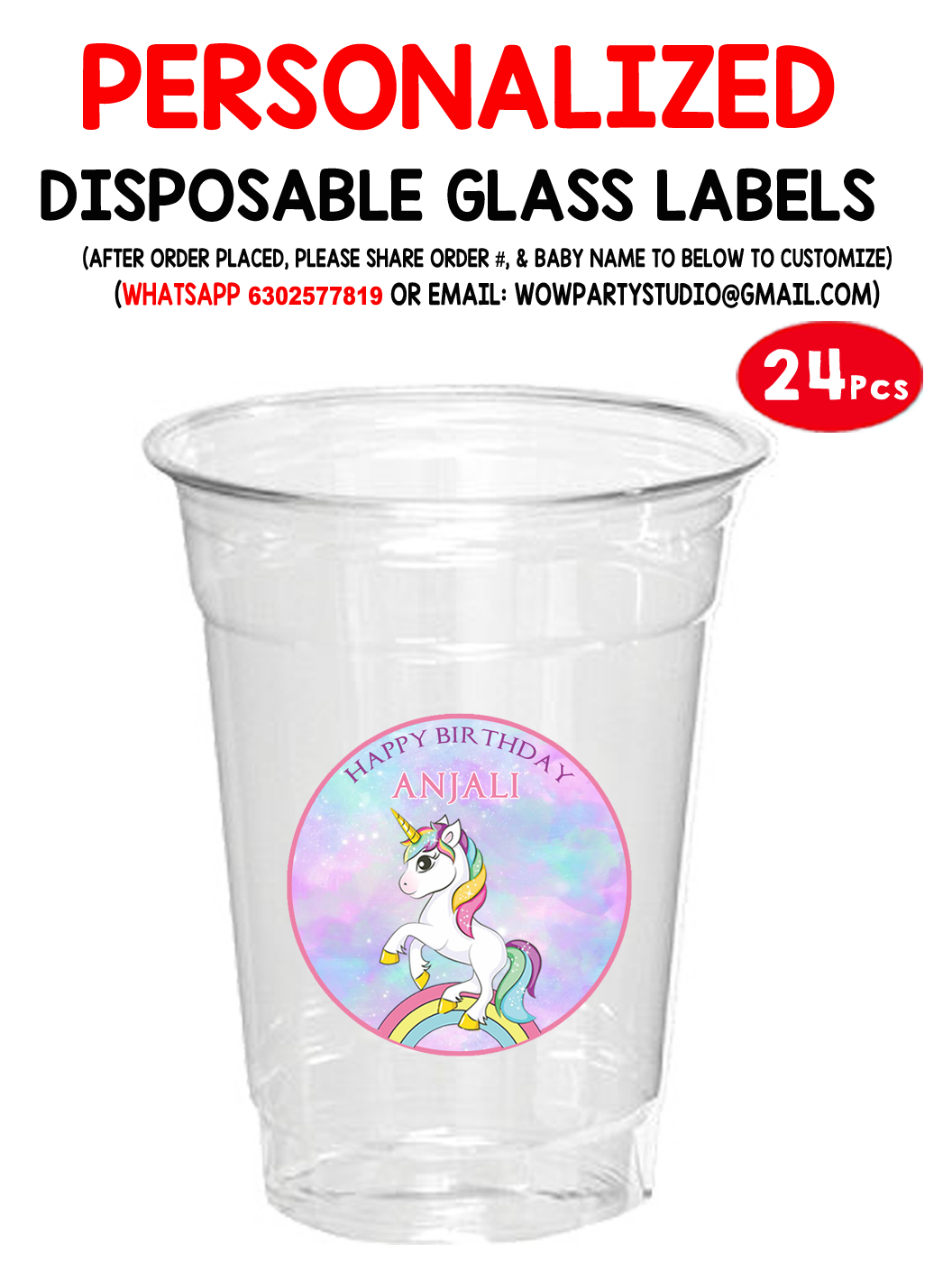 Unicorn Plastic /  Mocktail  Disposable Glass Stickers (24 Pcs)