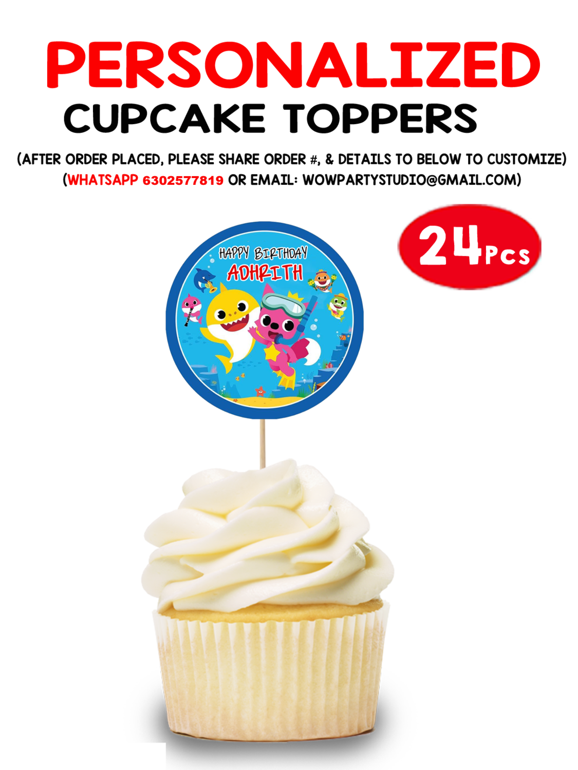 Baby Shark Theme Cupcake Topper (24 Pcs)