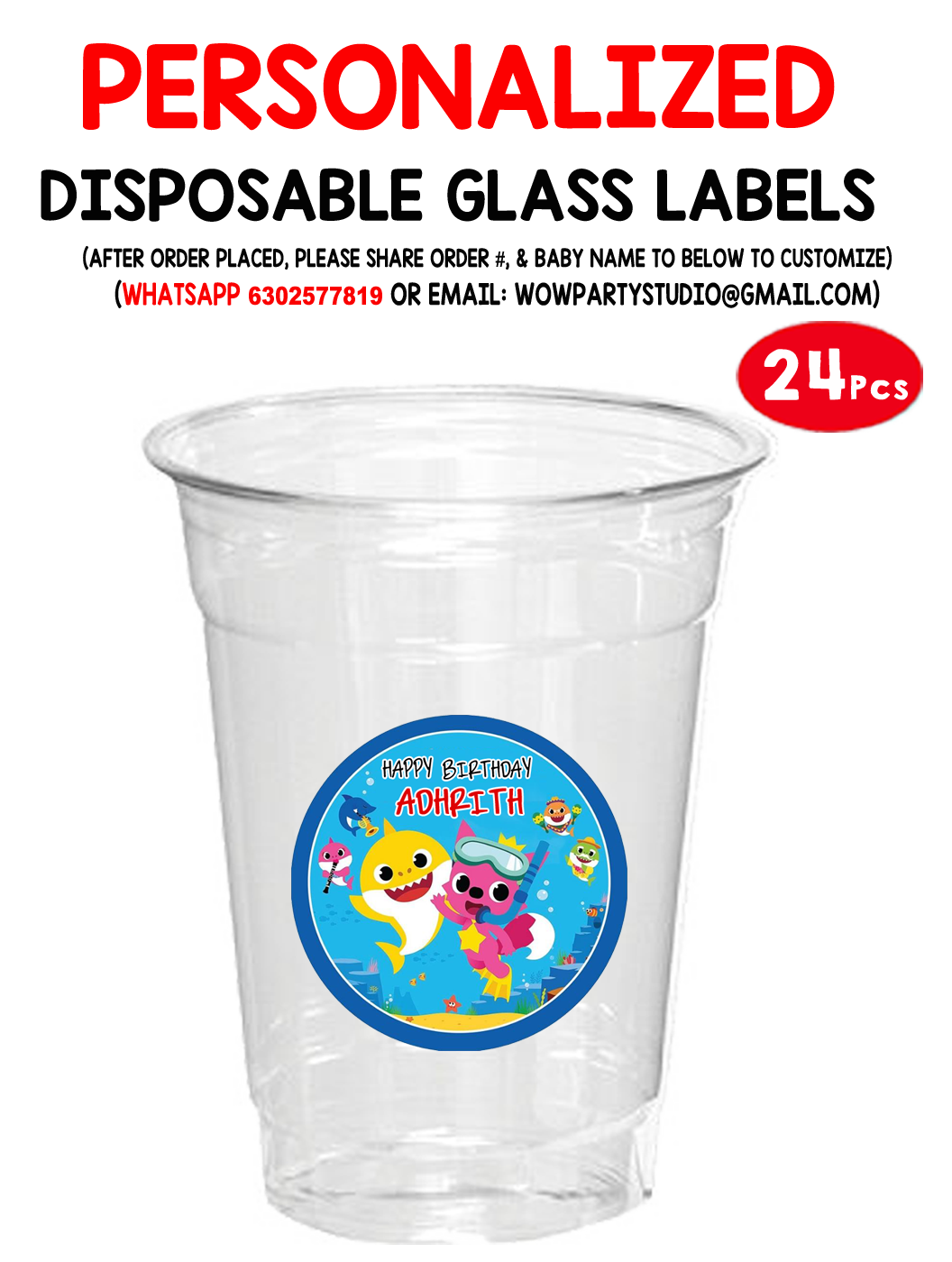 Baby Shark Plastic /  Mocktail  Disposable Glass Stickers (24 Pcs)