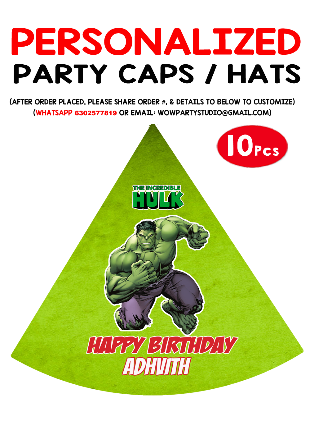 Hulk Theme - Party Caps / Hats (10 Pcs)