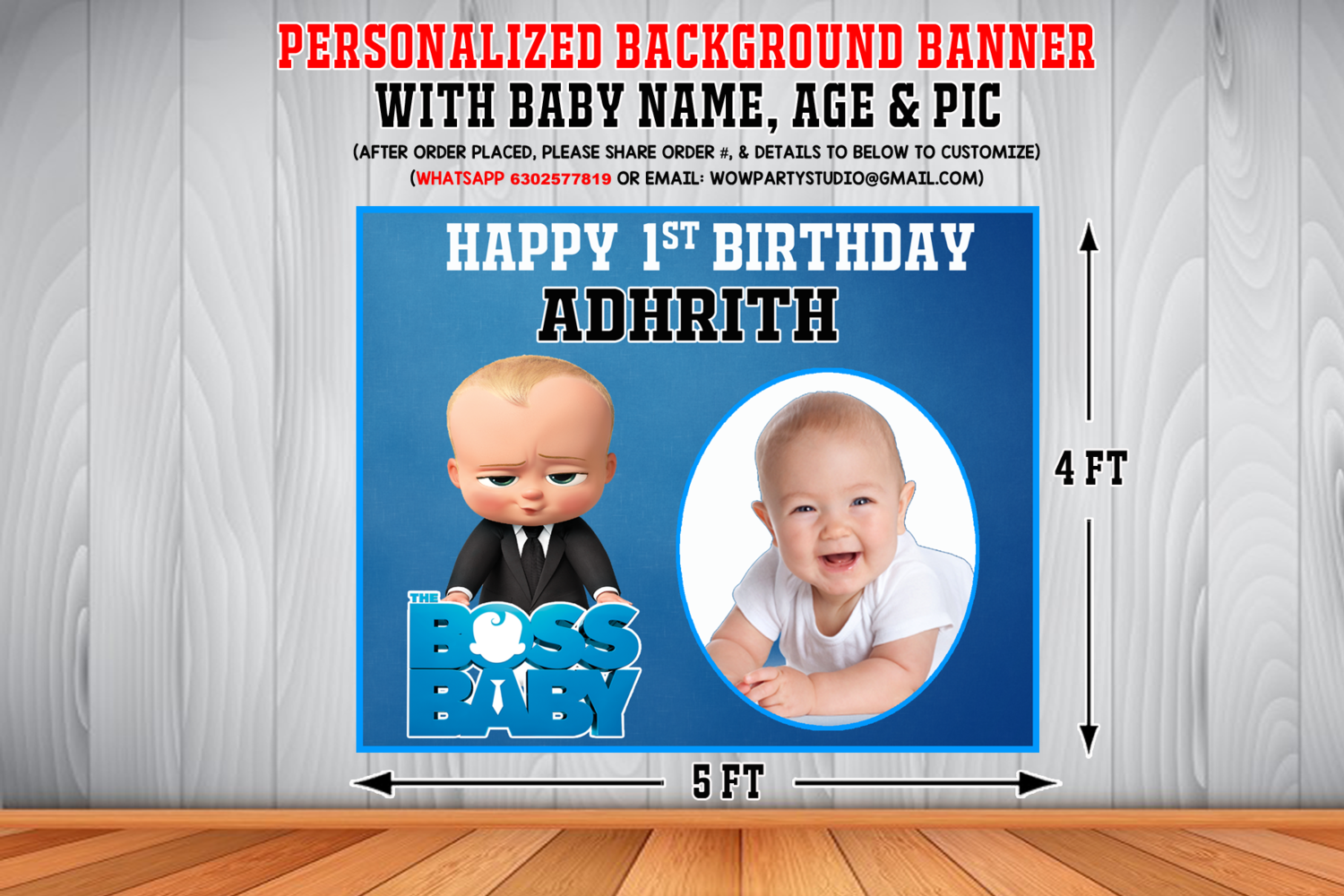 Personalized Boss Baby Birthday Backdrop Banner With Baby Picture (4ft x  5ft)