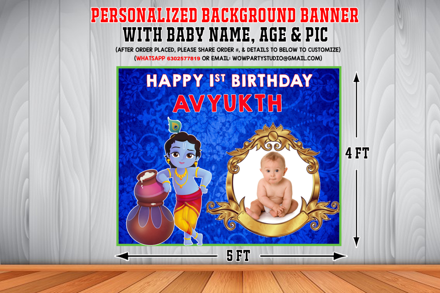 Personalized Little Krishna Birthday Backdrop Banner With Baby Picture (4ft  x 5ft)