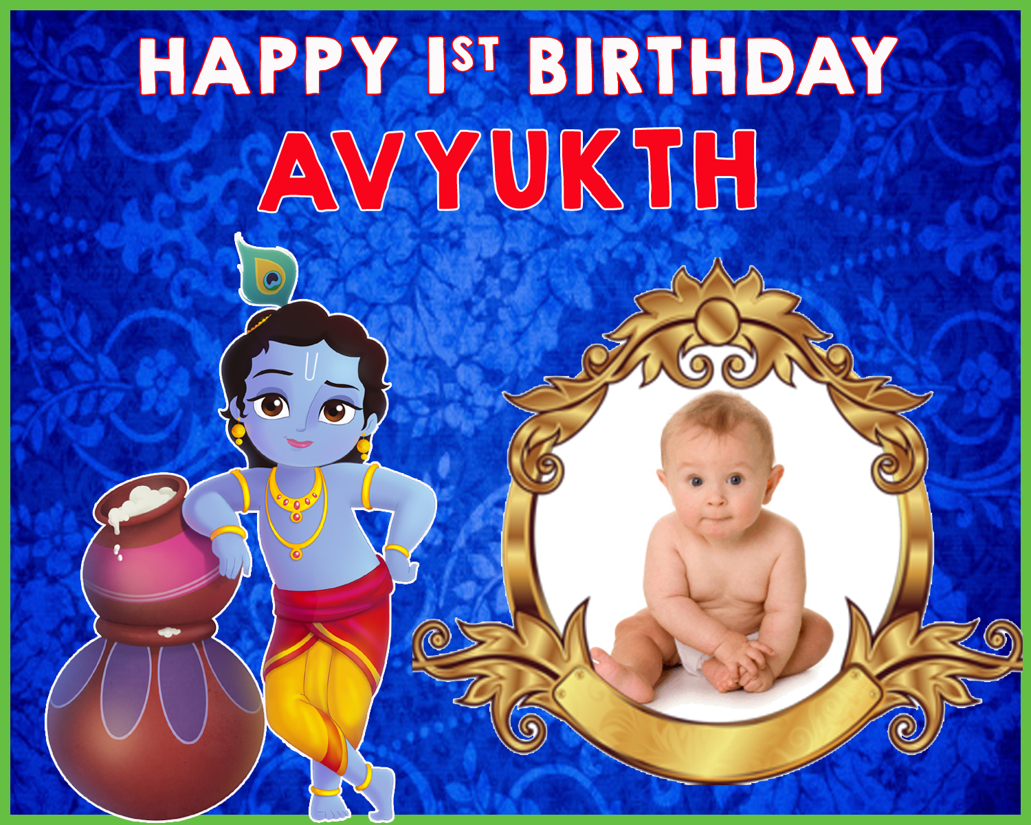 Personalized Little Krishna Birthday Backdrop Banner With Baby Picture (4ft  x 5ft)