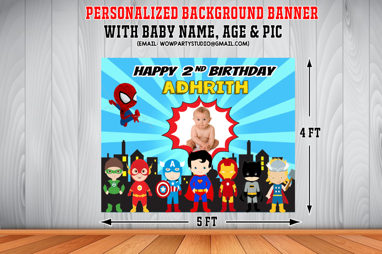 Personalized Super Hero Birthday Backdrop Banner With Baby Picture (4ft x  5ft)
