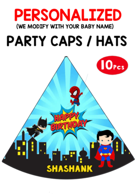 Super Hero Theme Birthday Party Caps / Hats (10 Pcs)