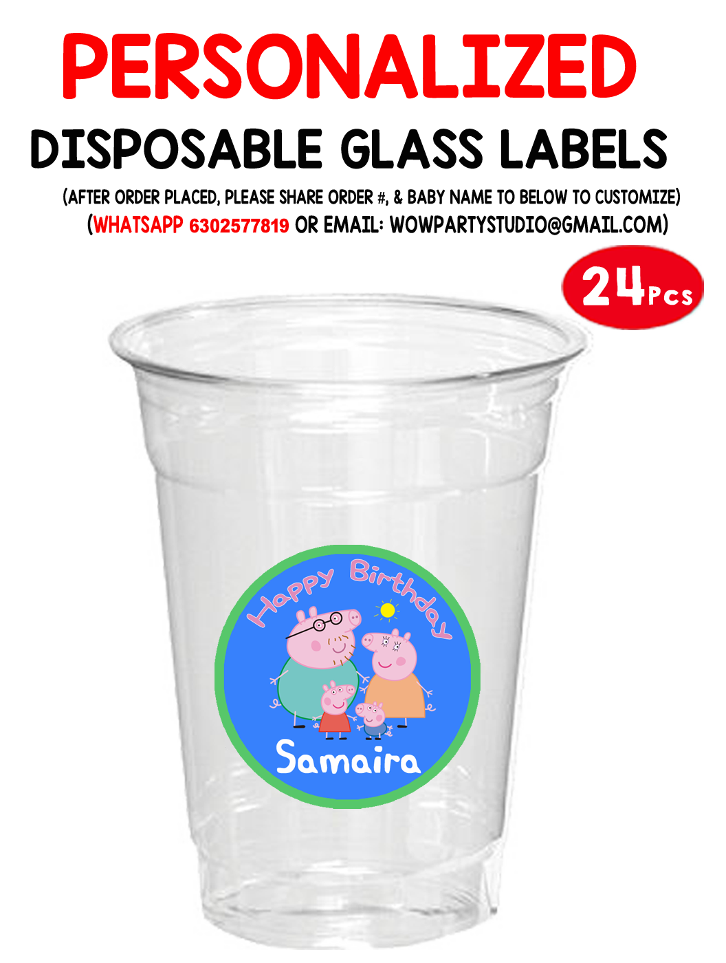 Peppa Pig Plastic /  Mocktail  Disposable Glass Stickers (24 Pcs)