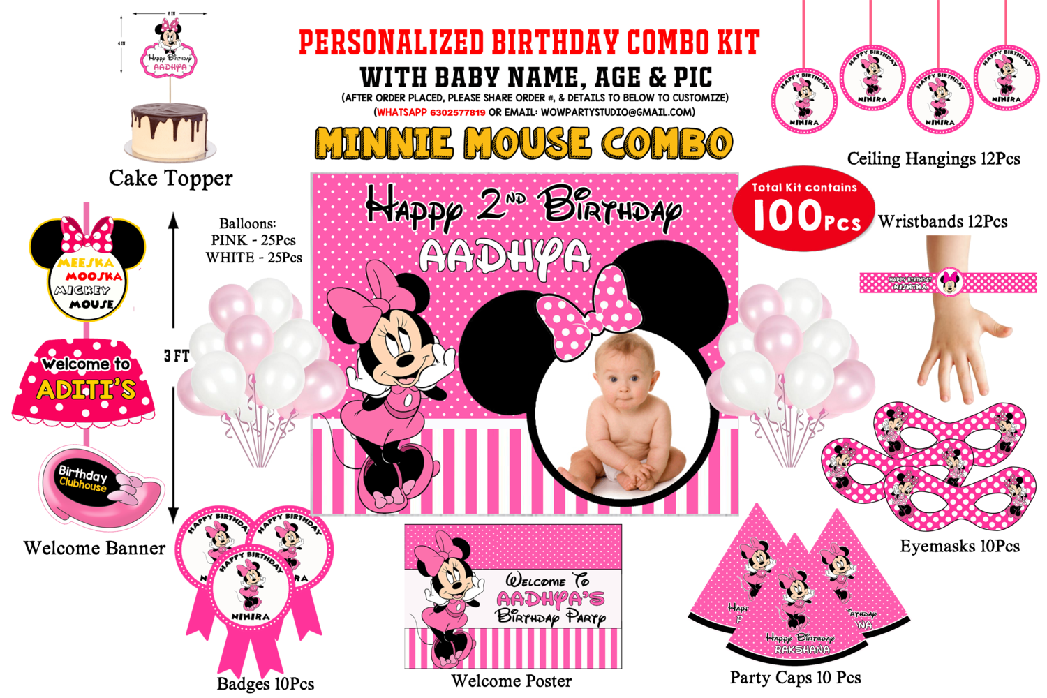 Minnie Mouse Theme Birthday Party Combo Kit- 100 Pcs