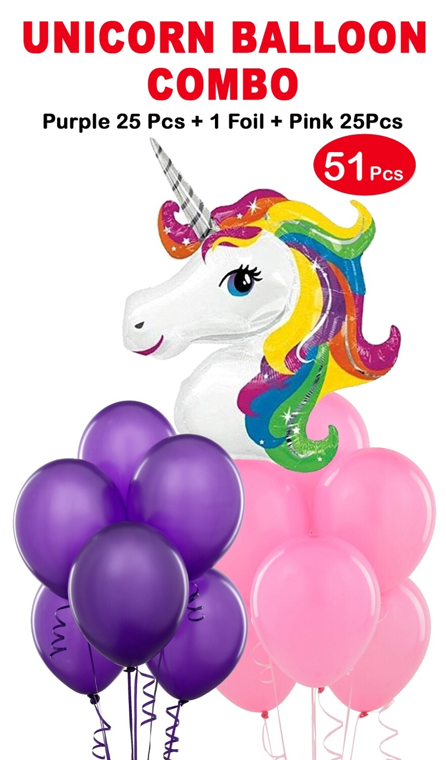 Unicorn Theme Foil Balloon Combo- 51 Pcs