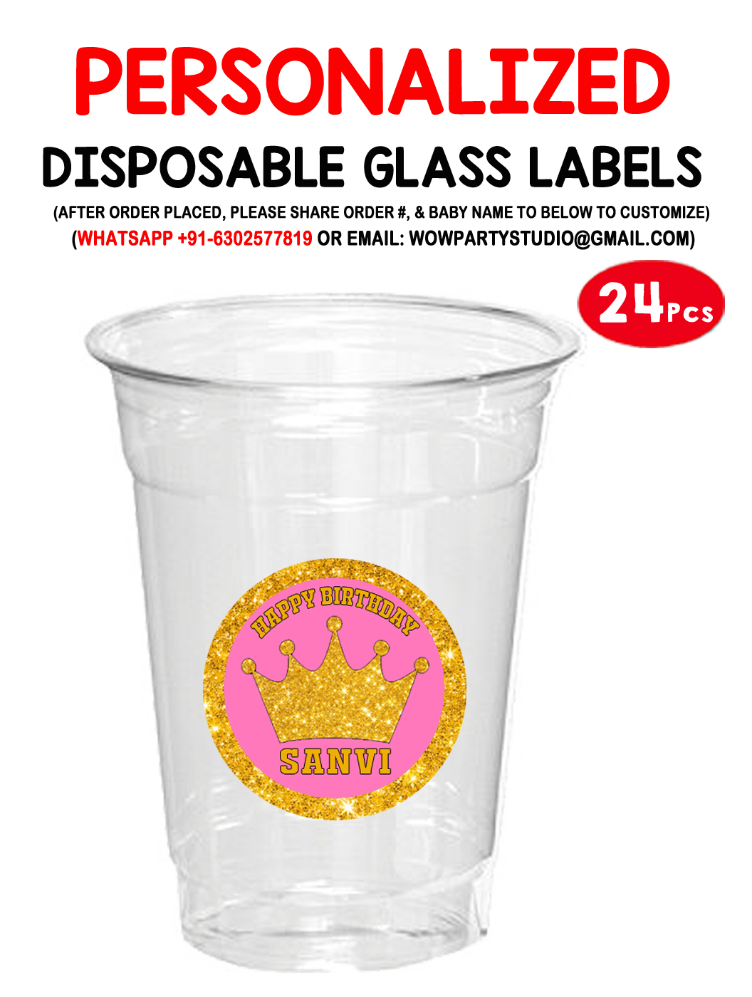 Royal Princess - Pink Plastic / Mocktail Disposable Glass stickers / labels (24 Pcs)