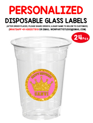 Royal Princess - Pink Plastic / Mocktail Disposable Glass stickers / labels (24 Pcs)