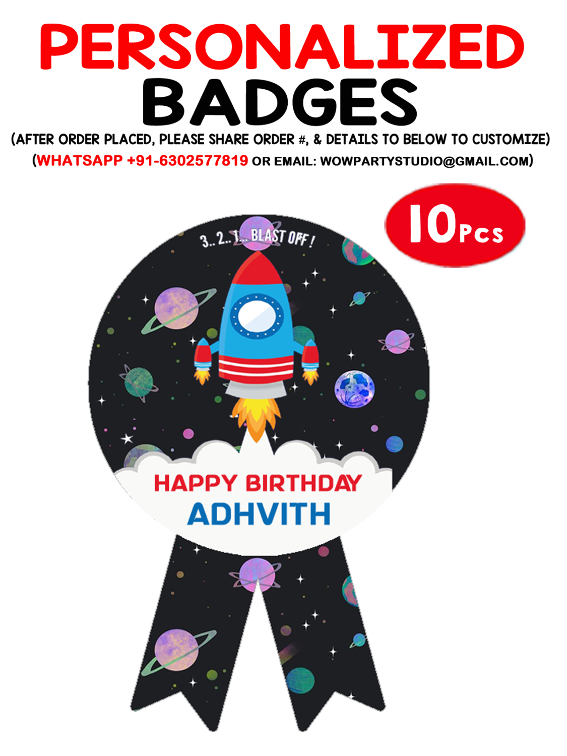 Space Theme Birthday Badges (10 Pcs)