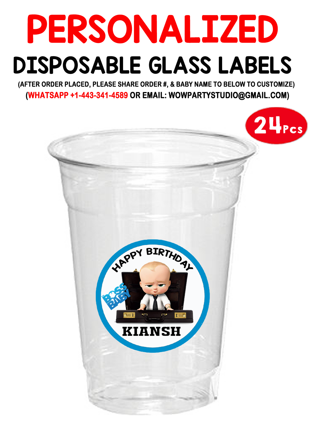 Boss Baby Plastic /  Mocktail  Disposable Glass Stickers (24 Pcs)