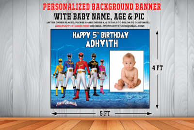 Power Rangers Backdrop / Background Banner With Baby Picture  (4ft x 5ft)