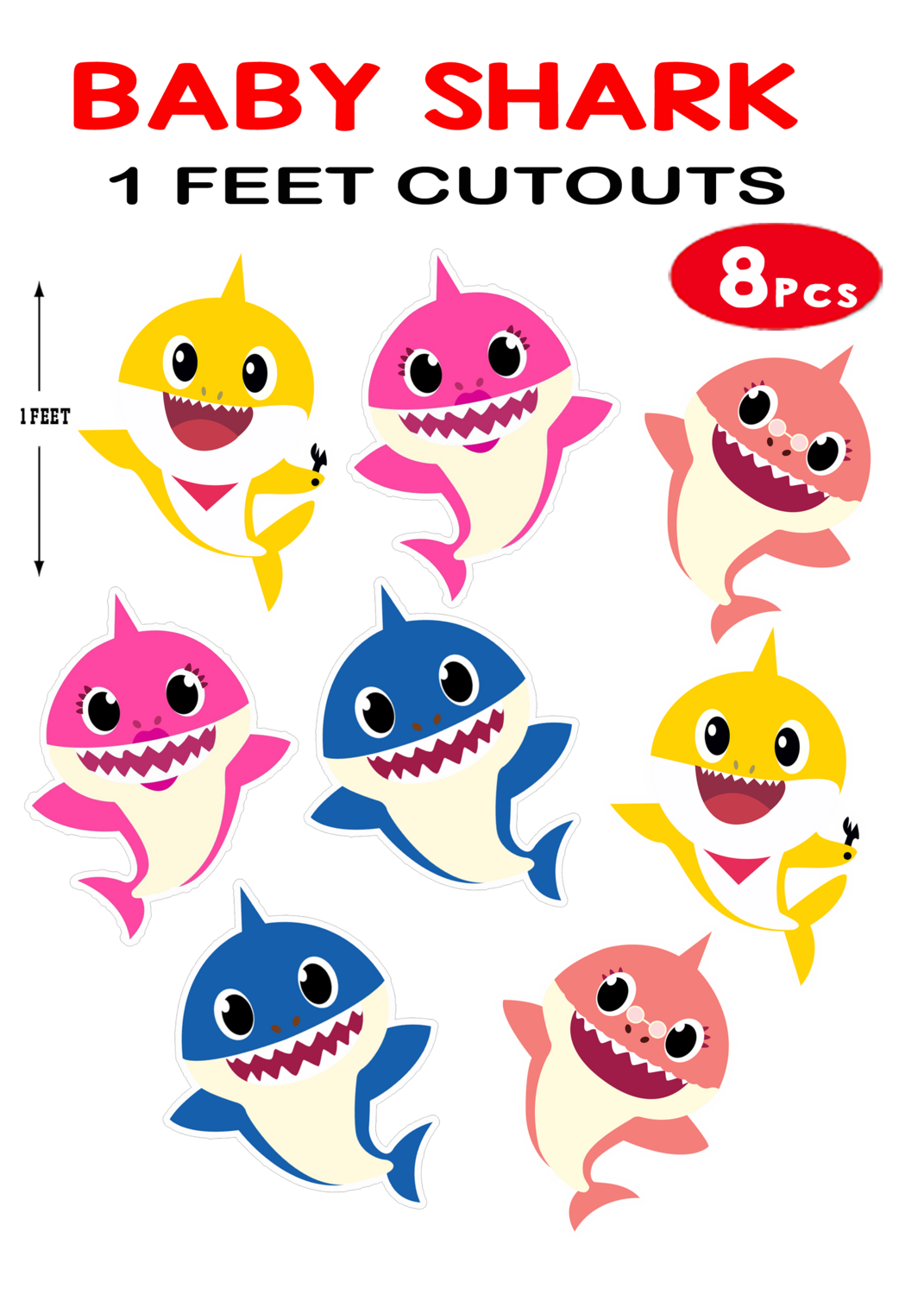 Baby Shark Cutouts (1ft) - 8 Pcs