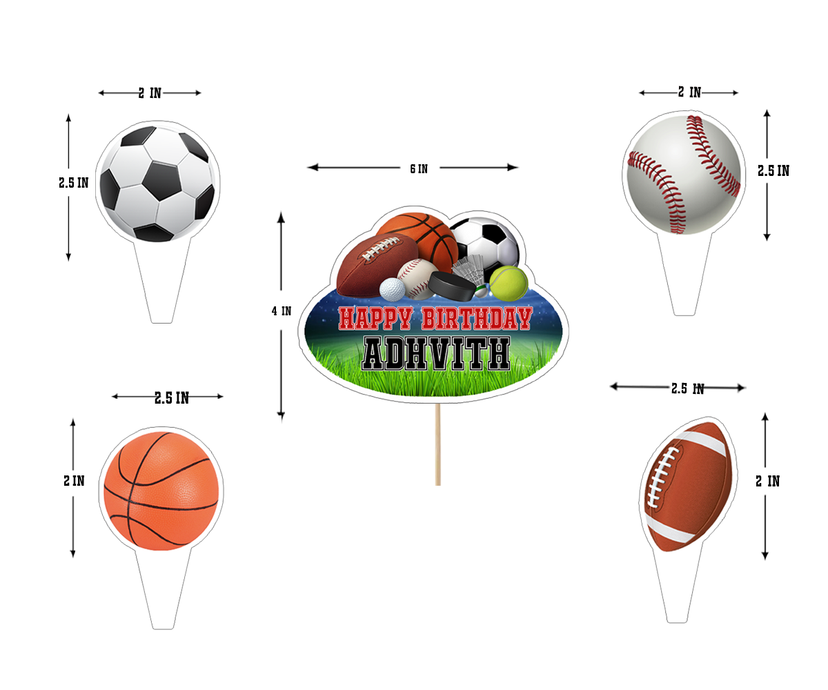 Personalized Sports Birthday Cake topper (5pcs)