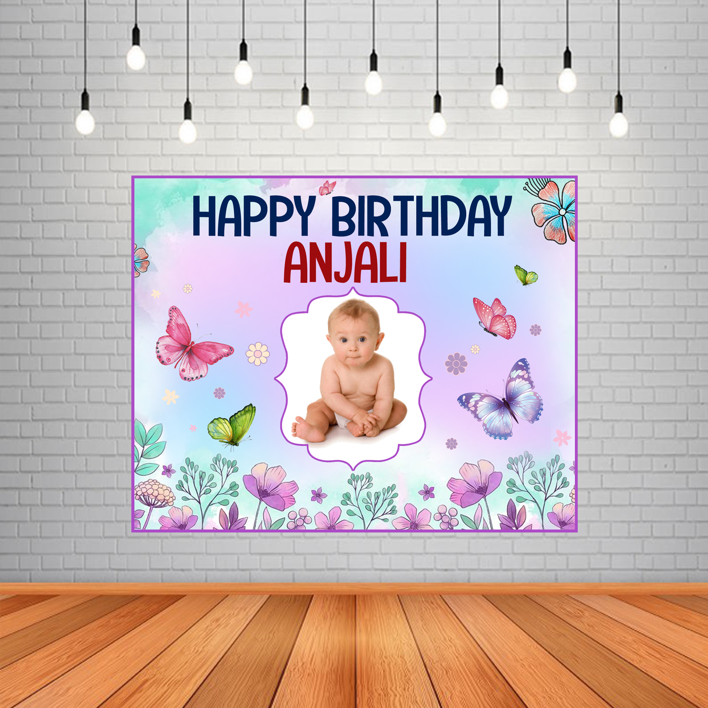 Personalized Butterfly Birthday Backdrop Banner With Baby Picture (4ft x  5ft)