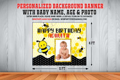 Honey Bee Backdrop / Background Banner With Baby Picture  (4ft x 5ft)