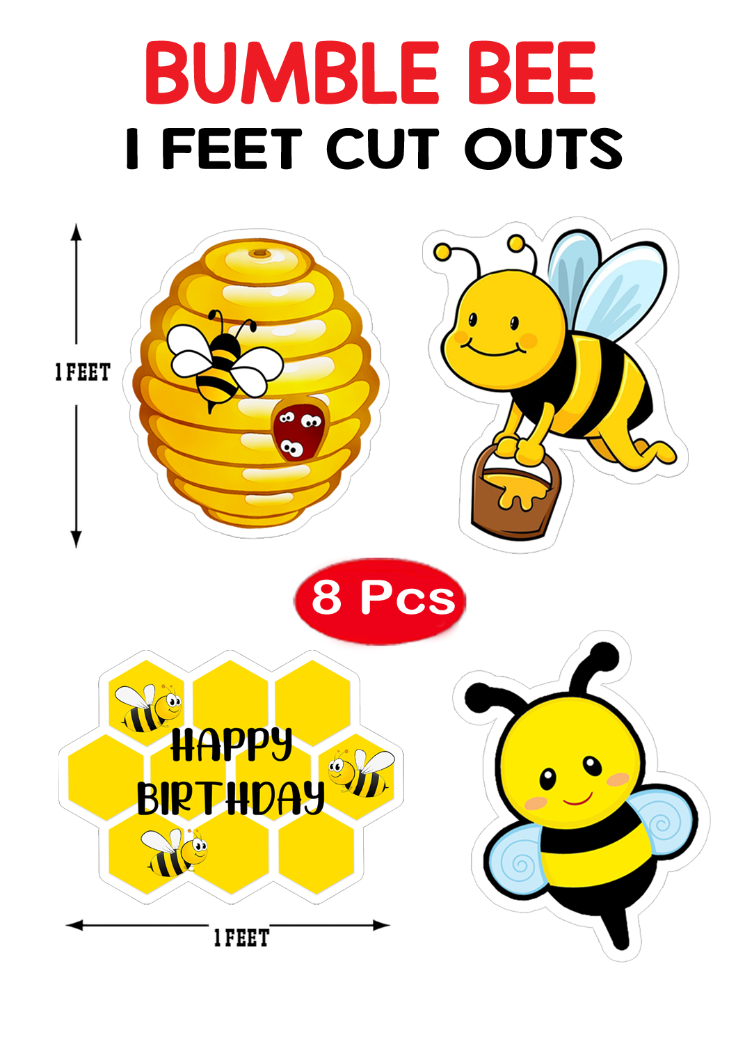 Honey Bee Theme Cutouts (1ft) - 8 Pcs