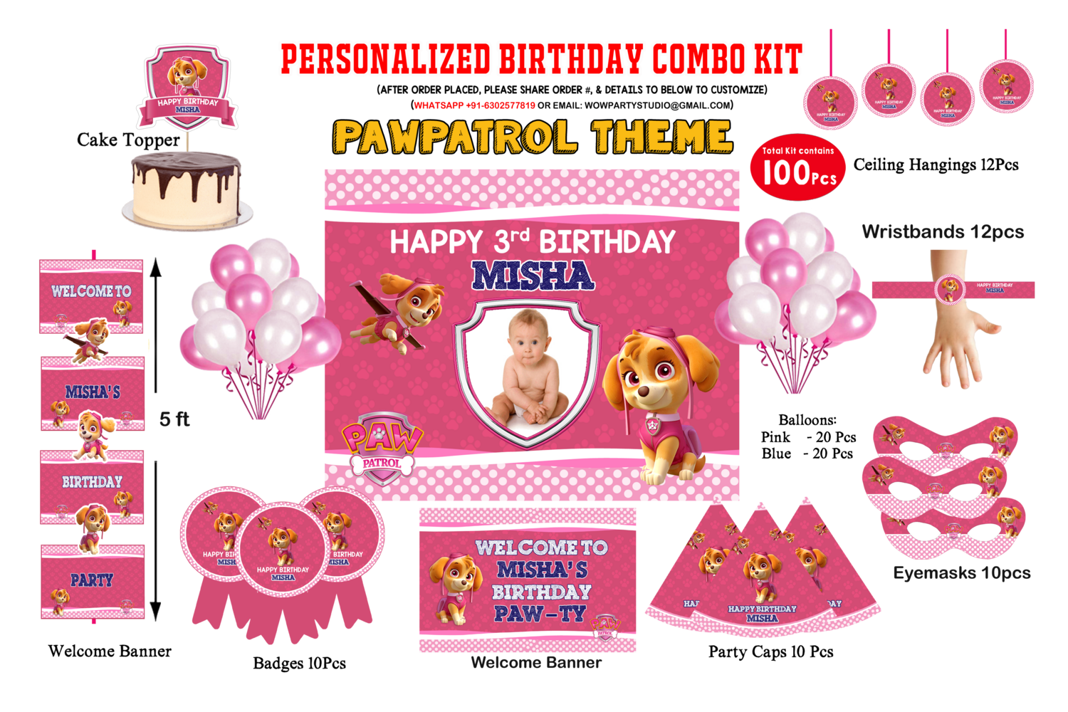 Paw Patrol Pink - Birthday Party Combo Kit 100Pcs
