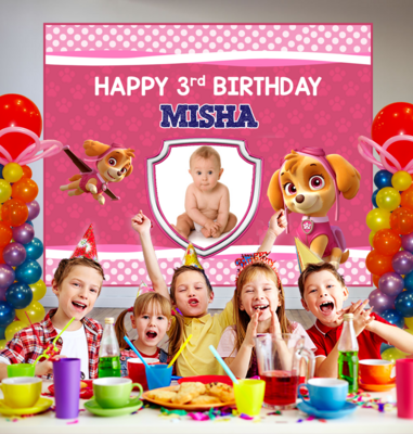 Paw Patrol Pink Backdrop / Background Banner With Baby Picture  (4ft x 5ft)