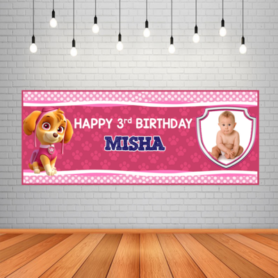 Paw Patrol Pink Backdrop / Background With baby Picture Banner (2ft x 5ft)