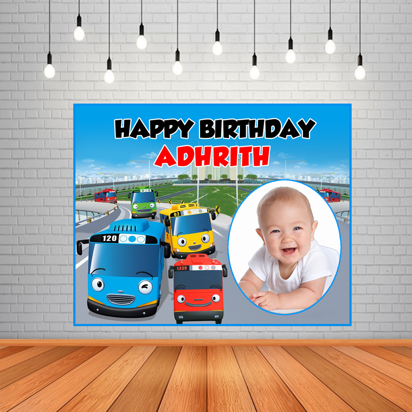 Tayo Bus Backdrop / Background Banner With Baby Picture  (4ft x 5ft)