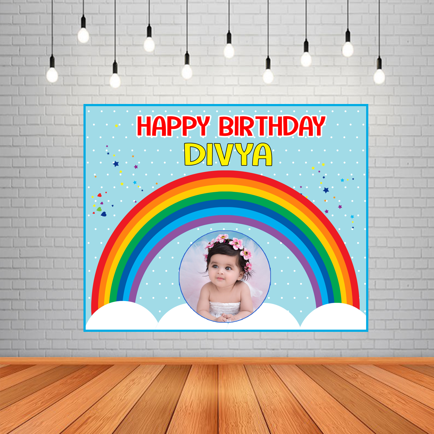 Rainbow Backdrop / Background Banner With Baby Picture  (4ft x 5ft)