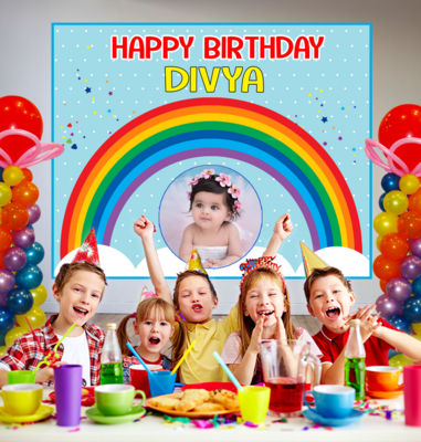 Rainbow Backdrop / Background Banner With Baby Picture  (4ft x 5ft)