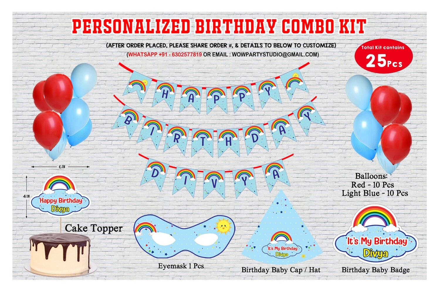 Personalized Rainbow Birthday Party Combo Kit 25 Pcs