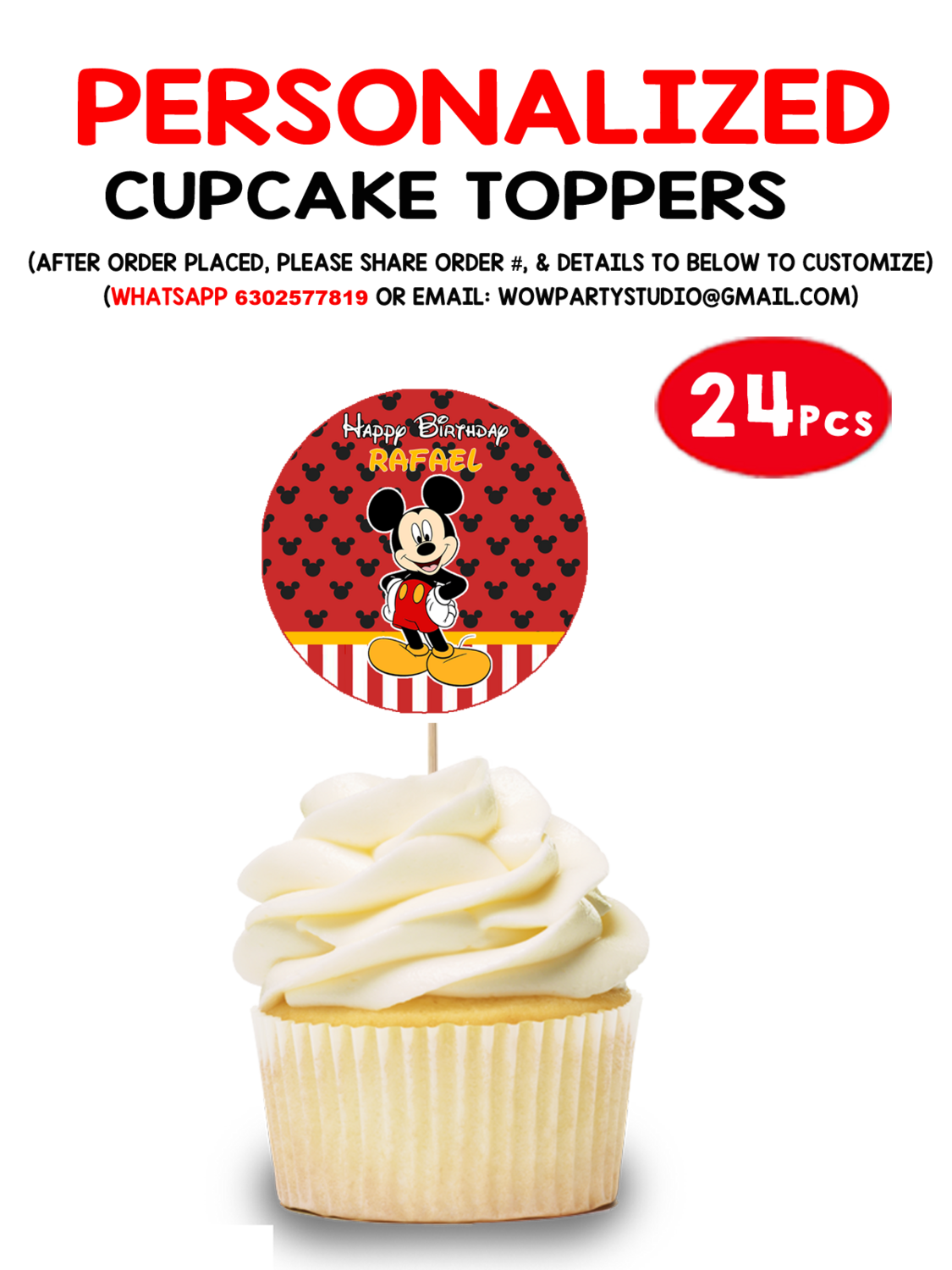 Mickey Mouse Cupcake Topper (24 Pcs)