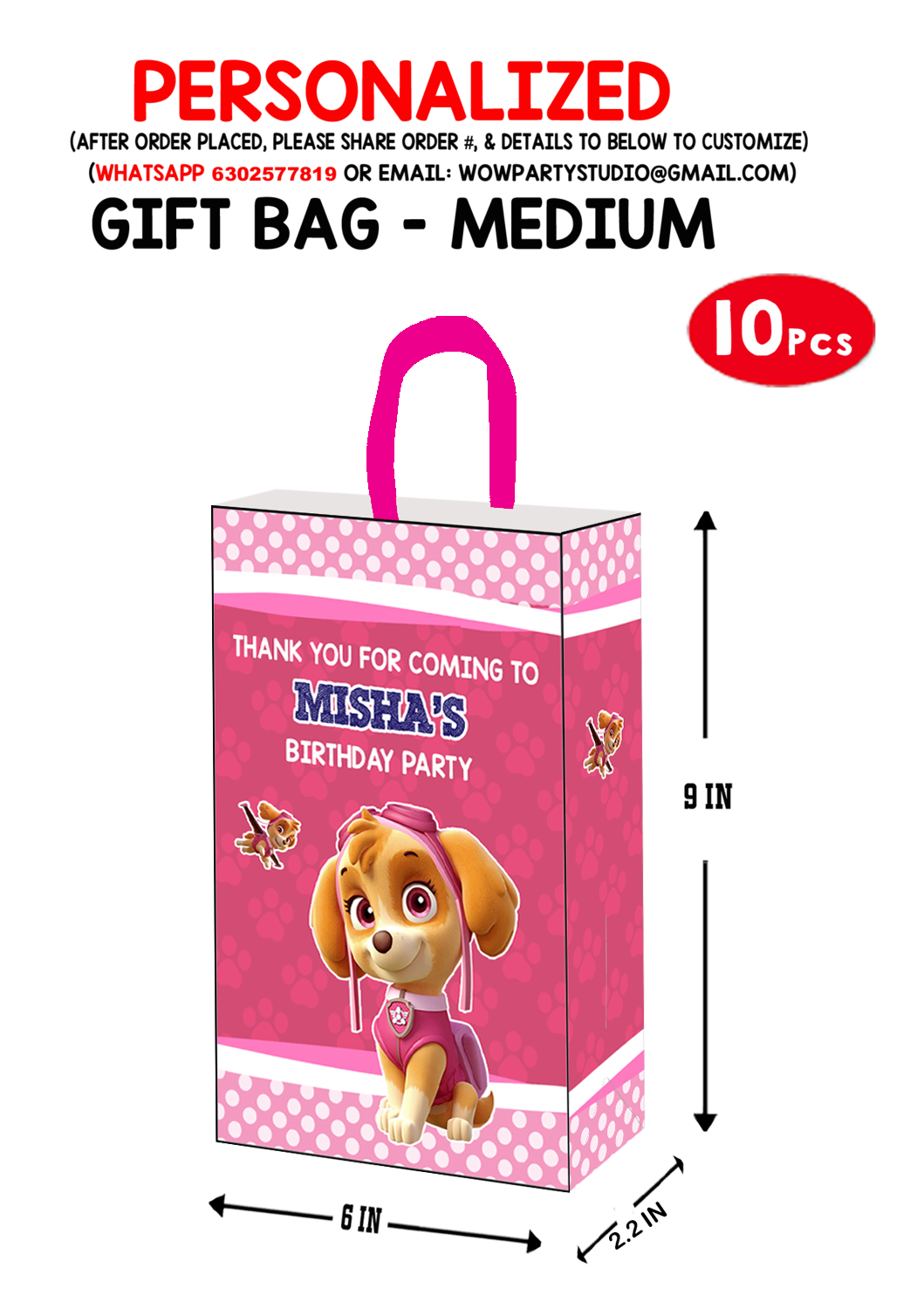 Paw Patrol Pink Gift Bag - Medium (10 Pcs)
