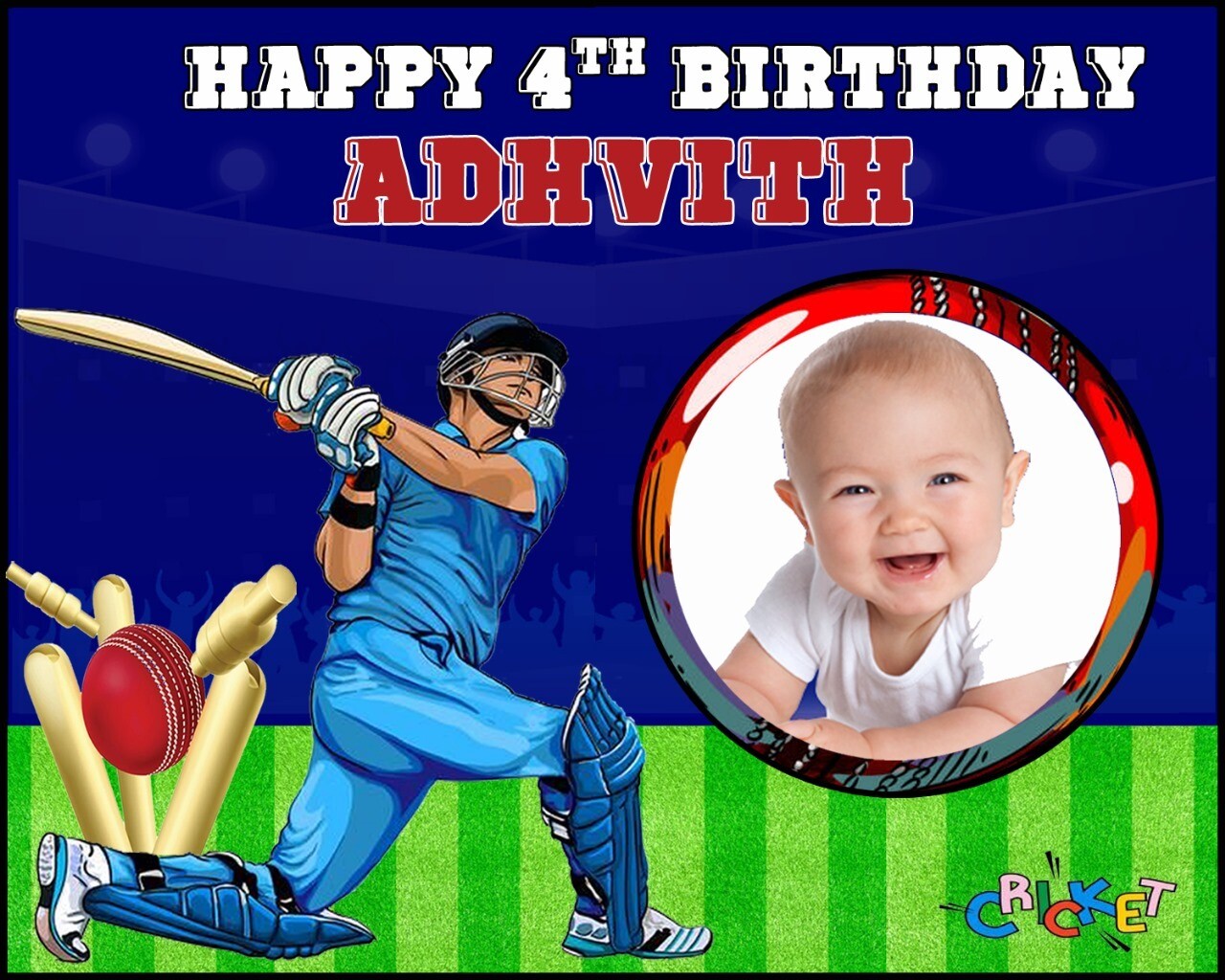 Cricket Backdrop / Background Banner With Baby Picture (4ft x 5ft)