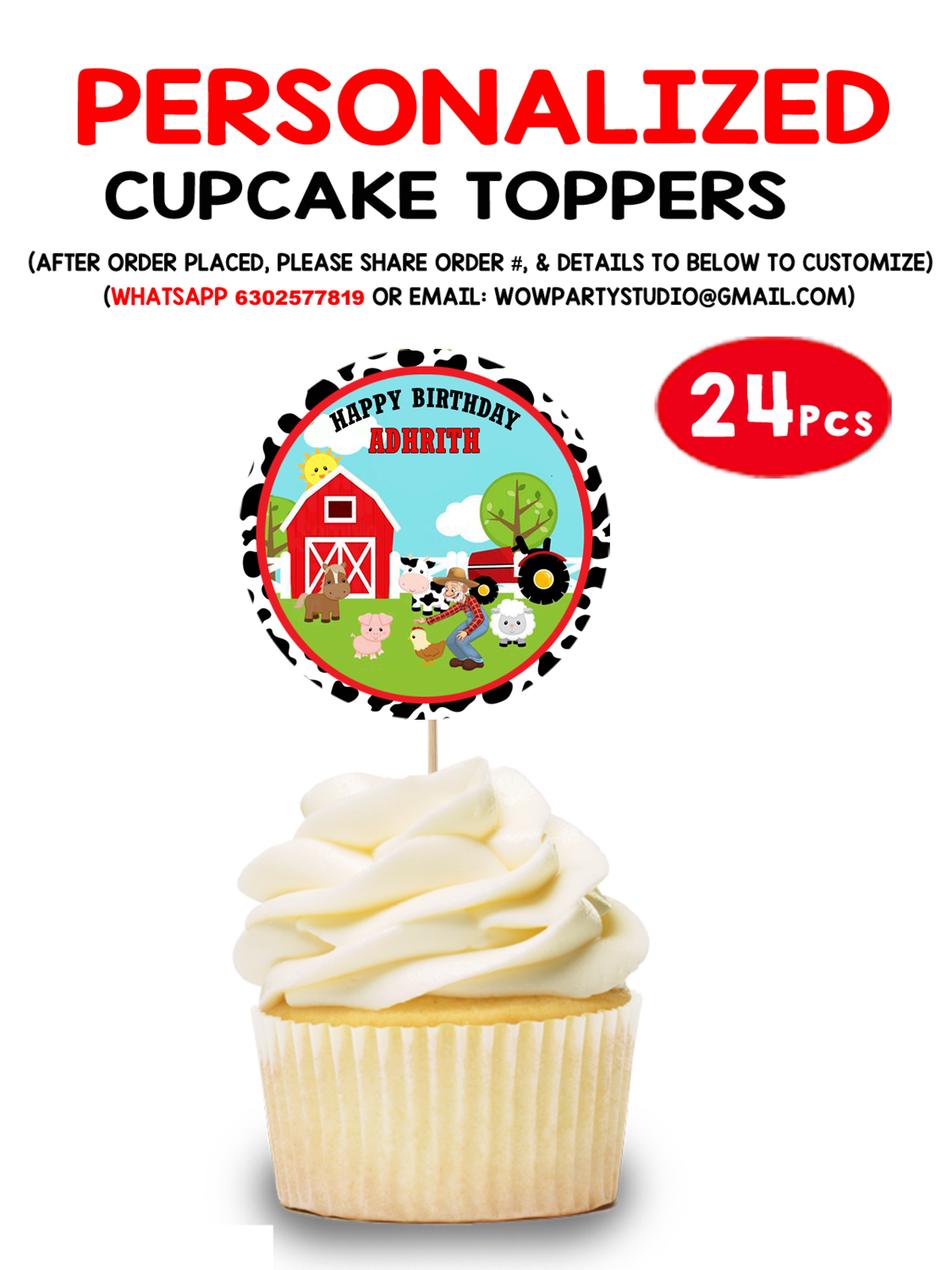 Farm Animals Cupcake Topper (24 Pcs)
