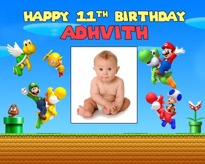 Mario Backdrop / Background Banner With Baby Picture  (4ft x 5ft)