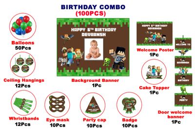 Minecraft Theme Birthday Party Combo Kit-100Pcs
