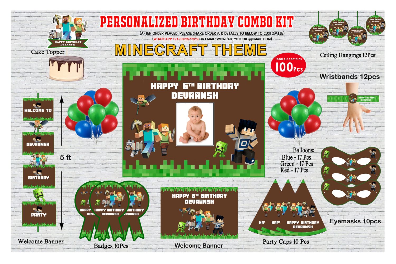 Minecraft Theme Birthday Party Combo Kit-100Pcs