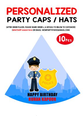 Police Theme Birthday Party Caps / Hats (10 Pcs)