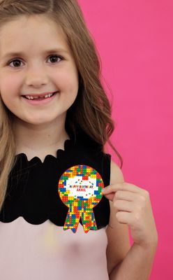 Lego Theme Birthday Badges With Name (10 Pcs)
