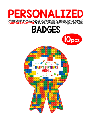 Lego Theme Birthday Badges With Name (10 Pcs)