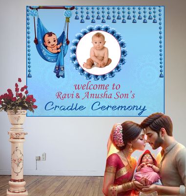 Cradle Ceremony Blue Backdrop / Background Banner With Baby Picture  (4ft x 5ft)
