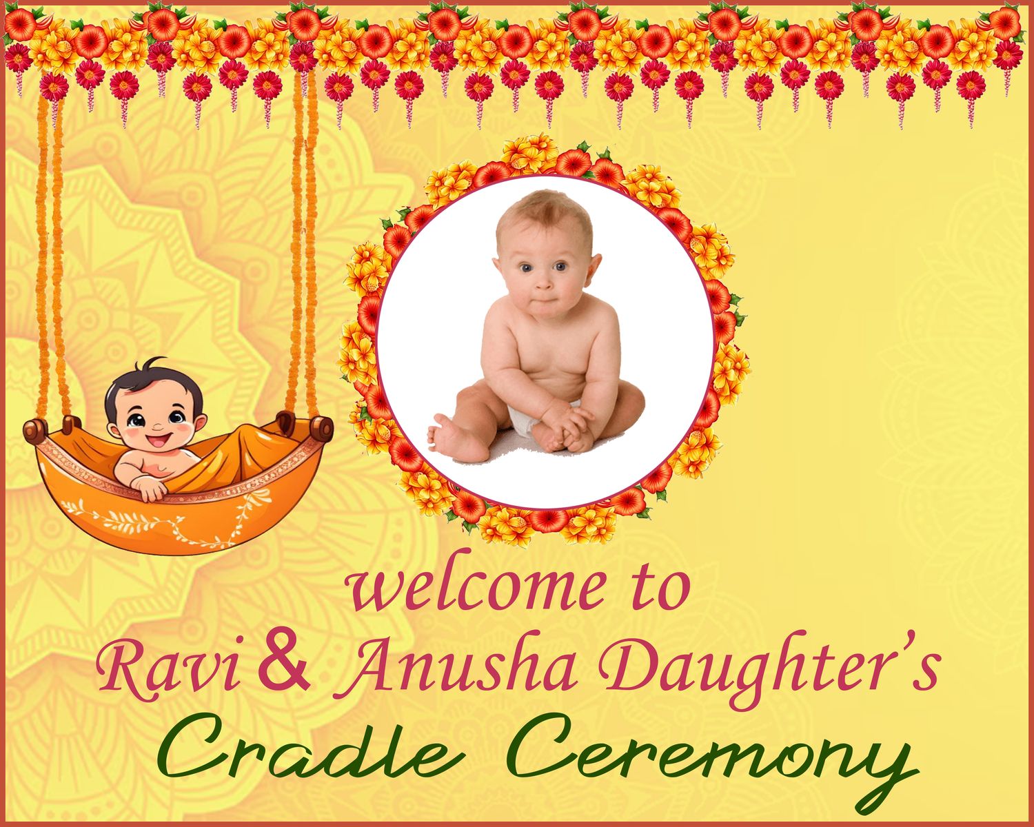 Cradle Ceremony Yellow Backdrop / Background Banner With Baby Picture  (4ft x 5ft)